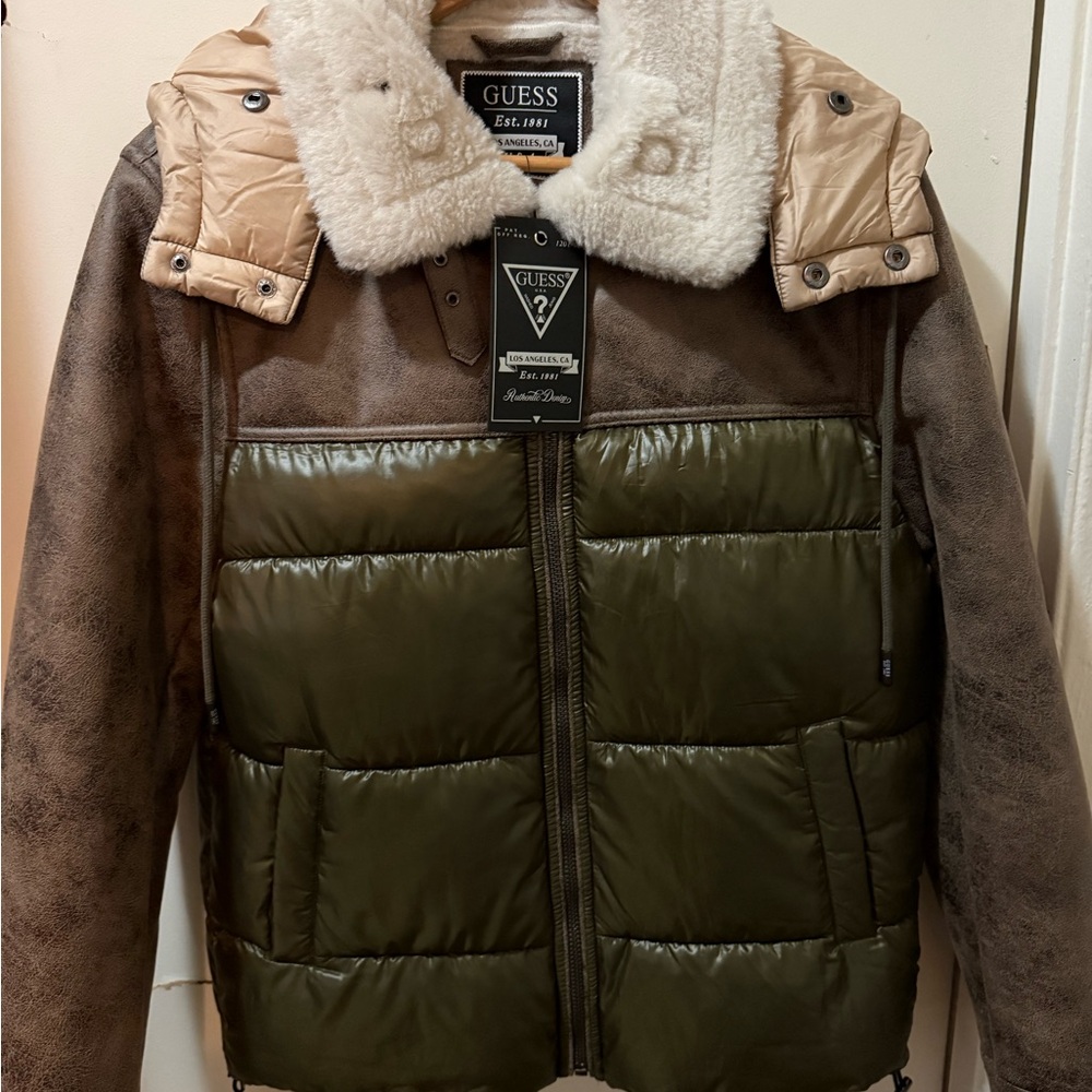 Olive and Tan Puffer Jacket with Sherpa Lining